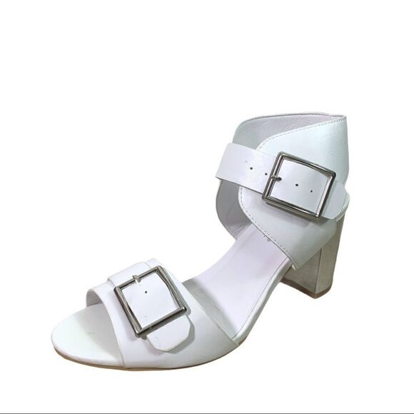 Chunky White Silver Metallic Heel Sandals - Picture 2 of 6